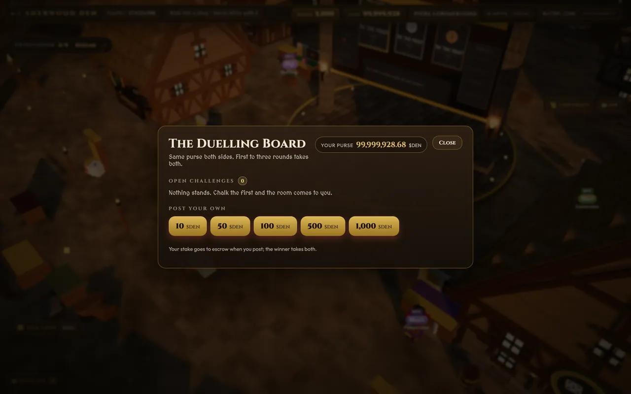 The Duelling Board, showing open challenges, each purse in $DEN, and the controls for posting your own challenge.