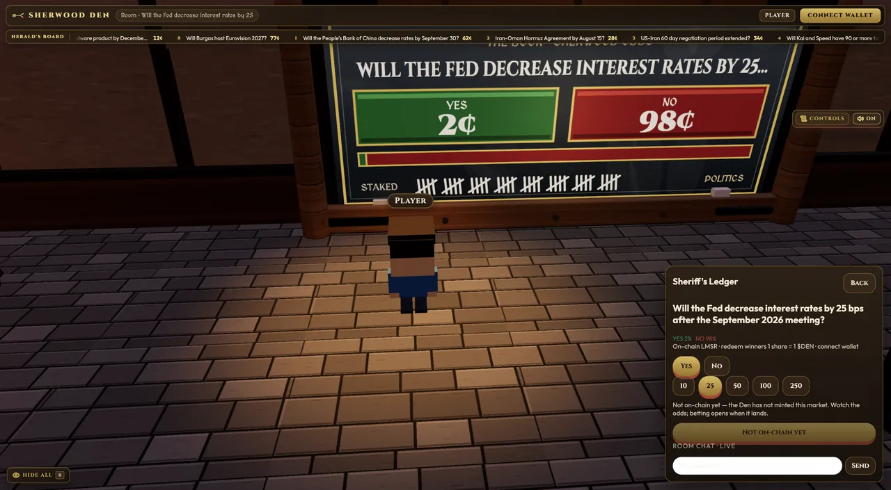 A market panel showing the question, the YES and NO prices, and the stake amounts you can pick from.