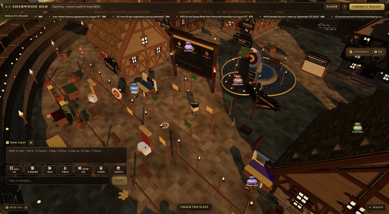The plaza, where every visit begins: the Herald's Board turning with the standings, and the townsfolk who run the den.